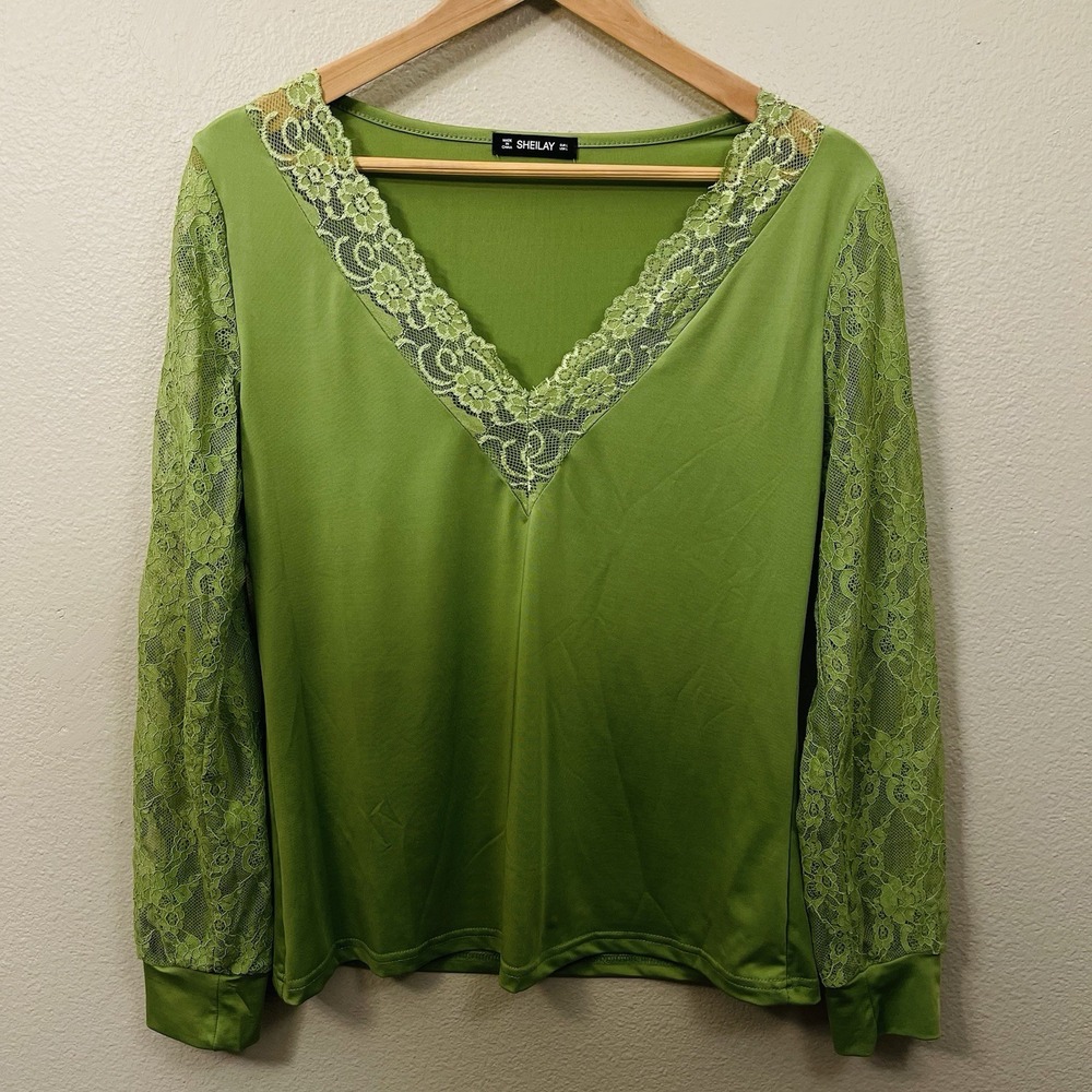 Sheilay Lace Long Sleeve Top Lace V-Neck Stretch Green Fairy‎ Goblincore Size L